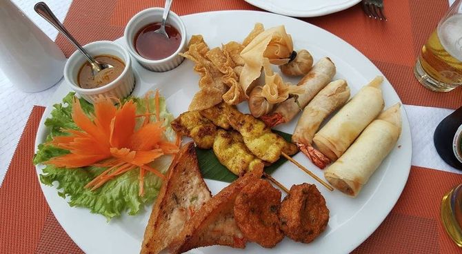 Assortiment d'entrées thaï - Rouleaux de printemps, Satay, et raviolis